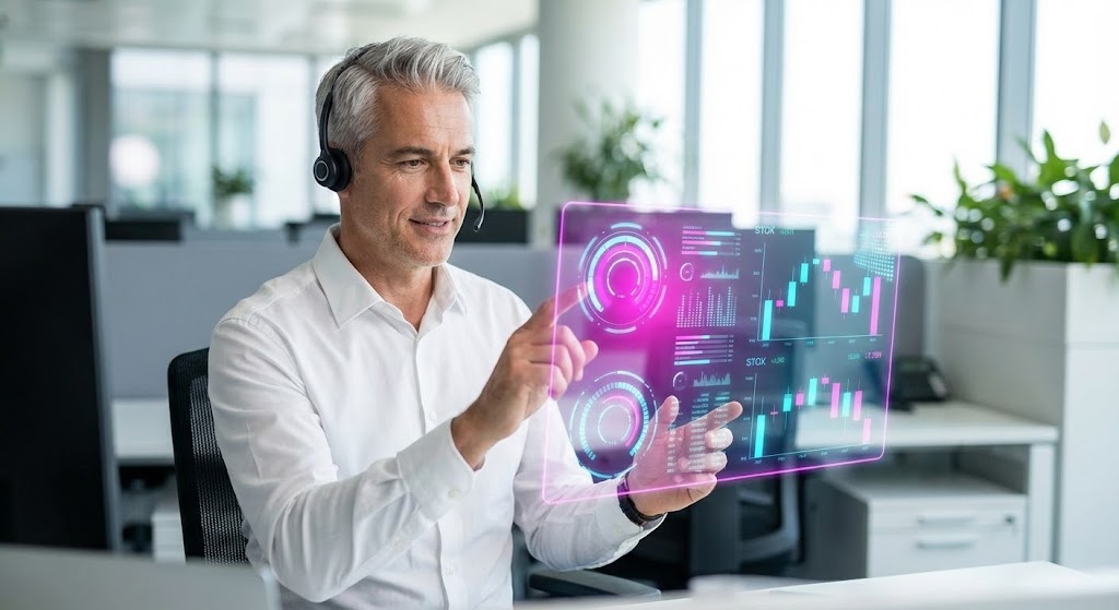 (Lifestyle Stock + UI Overlay): Holographic Trader Focus + Human-Centric Tech