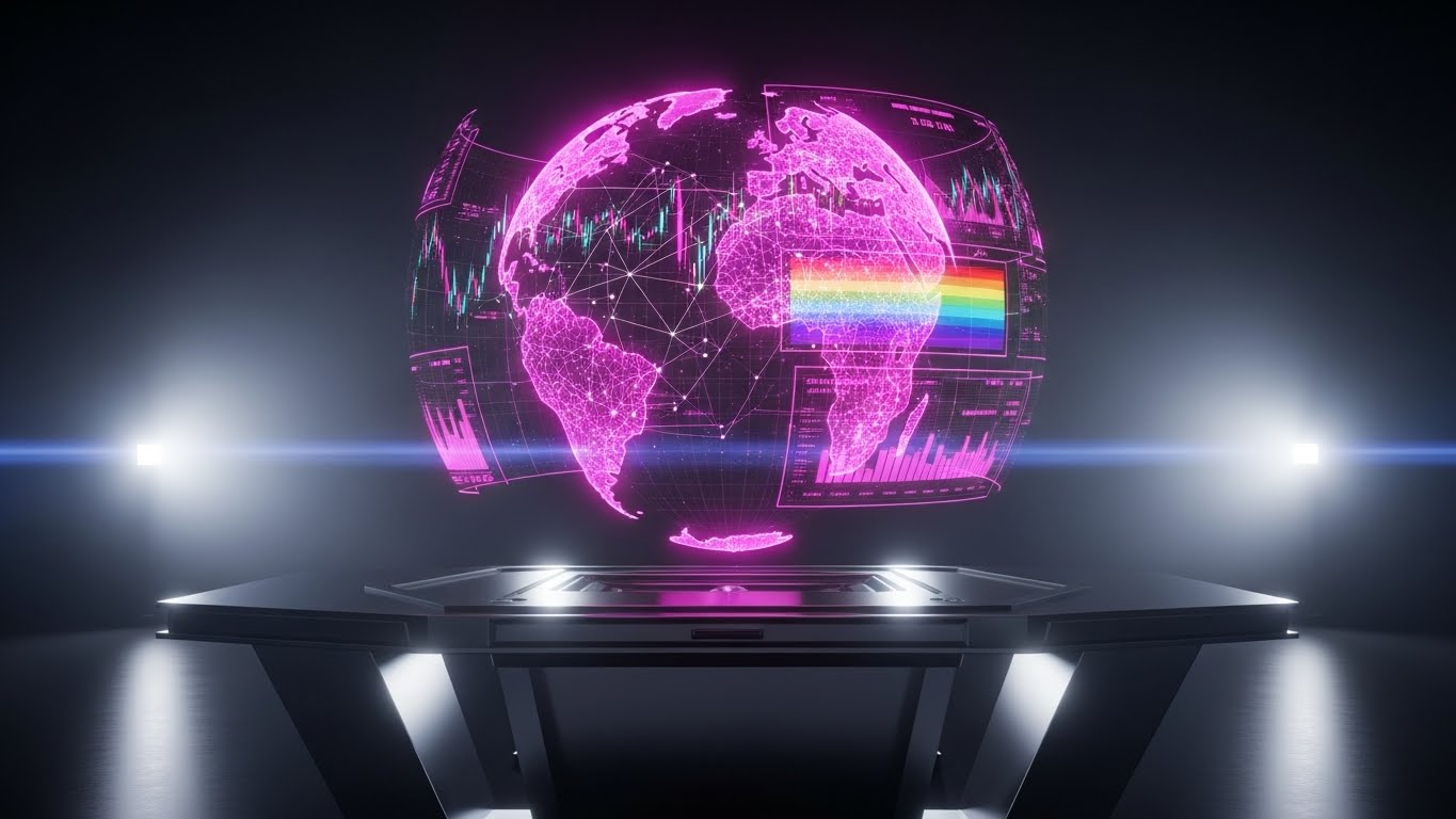 (Holographic UI over 3D): Floating Command Globe + Centralizing Global Market Control