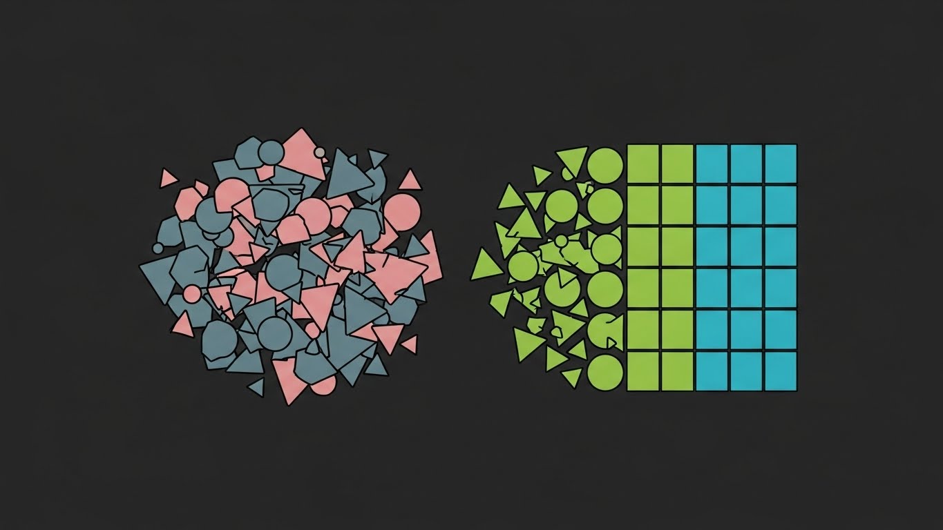 (Minimalist Flat 2D Vector): Organized Chaos + Structured Insight Clarity