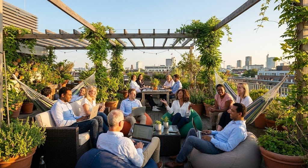 (Aspirational Stock Montage): Cultural Zenith + Optimized Workforce Well-being