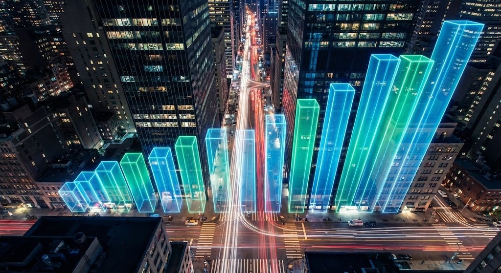 (Hyper-lapse Stock Footage with Data): Urban Pulse + Macro-Economic Workforce Alignment