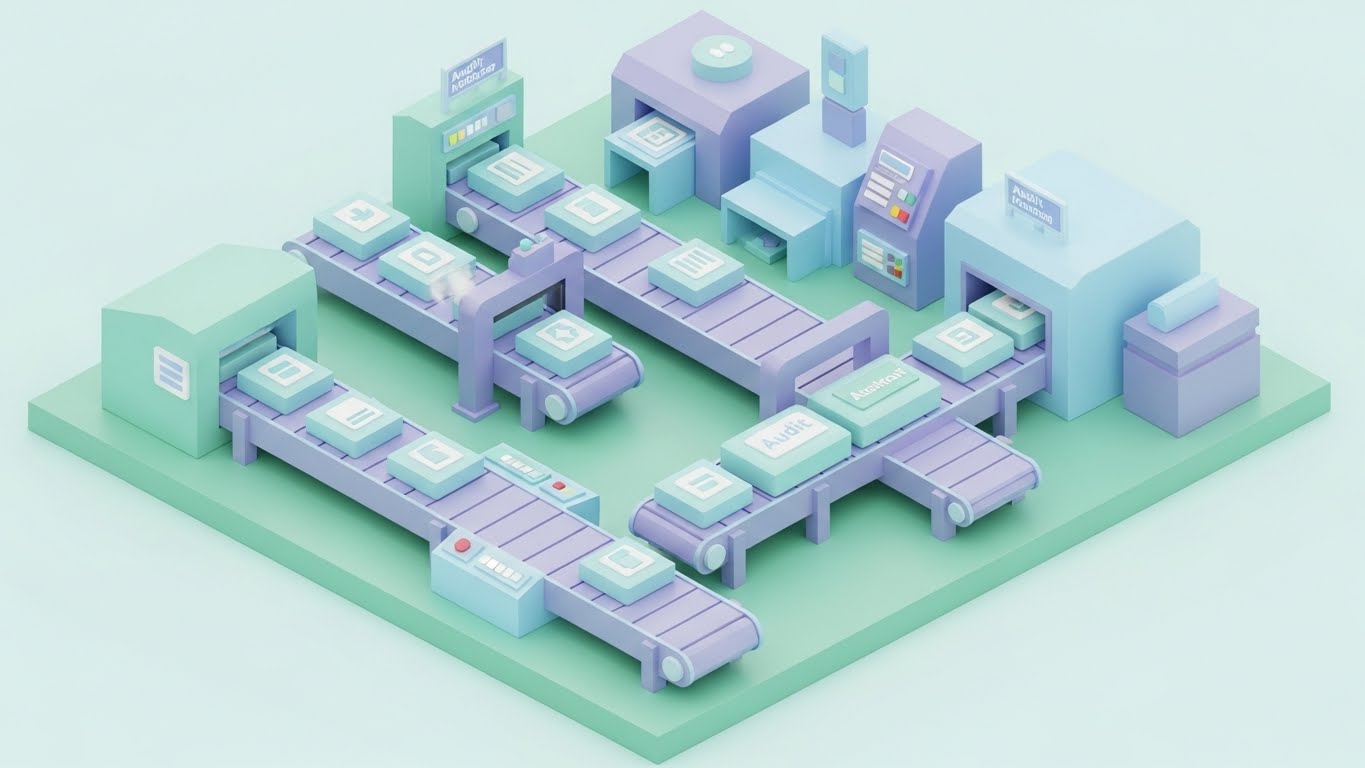 (Isometric 3D Workflow): Pastel Audit Factory + Visualizing Automated Processing