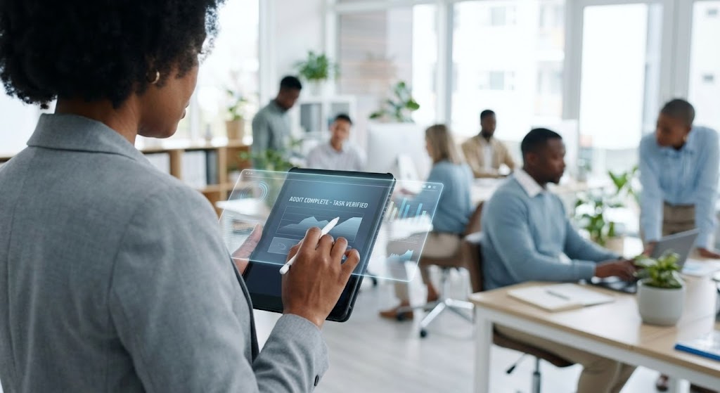 (Lifestyle Stock with UI Overlay): Augmented Efficiency + Visualizing Seamless Integration