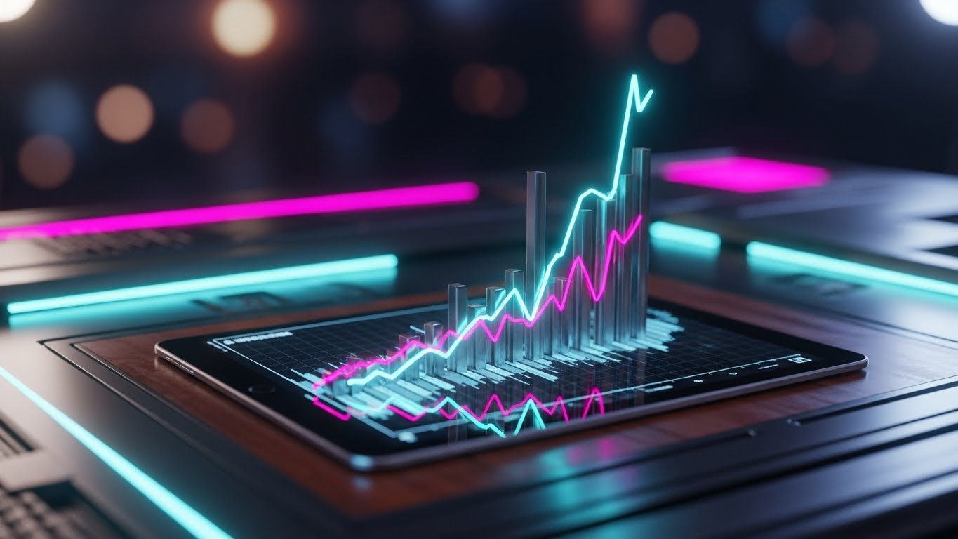 (Photorealistic 3D): Executive Tablet + Financial Growth Control