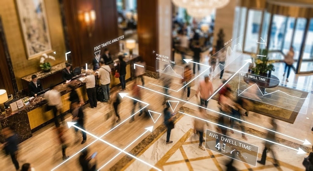 (Hyper-lapse Overlay): Lobby Traffic + The Invisible Analytics Layer