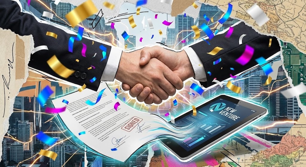 (Mixed Media Collage): Handshake Deal + The Celebration of Partnership