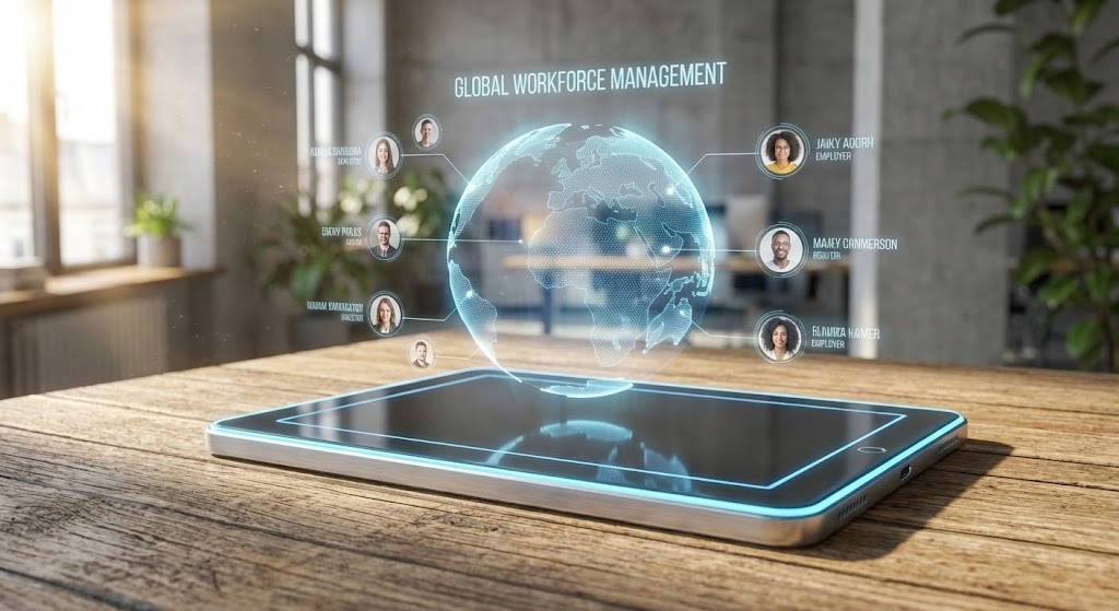 (Holographic UI over 3D Render): Global Projection + Managing Borderless Teams