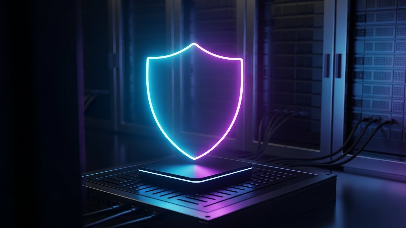 (Futuristic Neon/Dark Mode): Glowing Cyber Shield + Ensuring Data Sovereignty