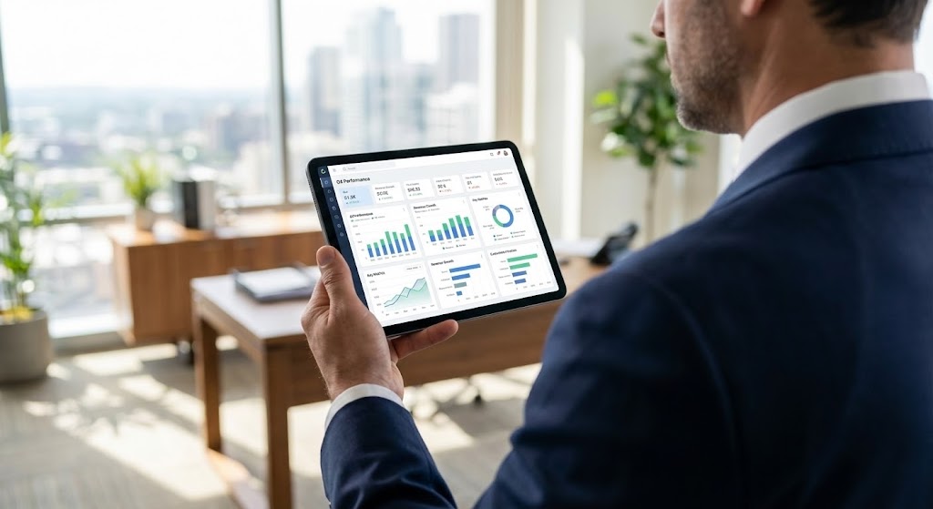 (Lifestyle Stock with UI Overlay): Executive Tablet Review + Validating Leadership Control