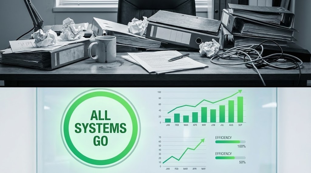(Split Screen: Optimized Reality and UI): Chaos vs. Dashboard + Highlighting Immediate Efficiency