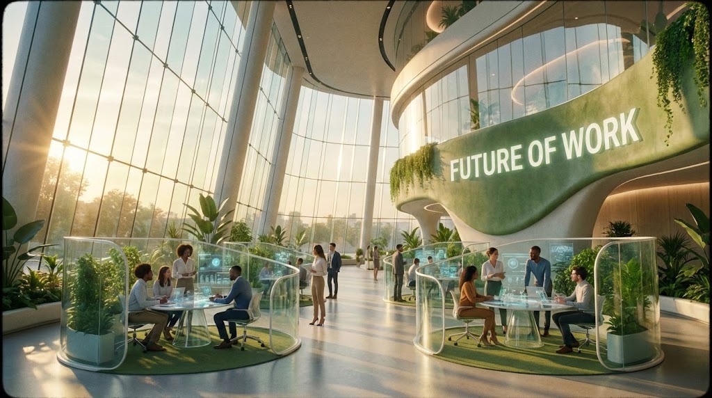 (Generative AI cinematic video): Sun-drenched Atrium + Aspirations of Future Work