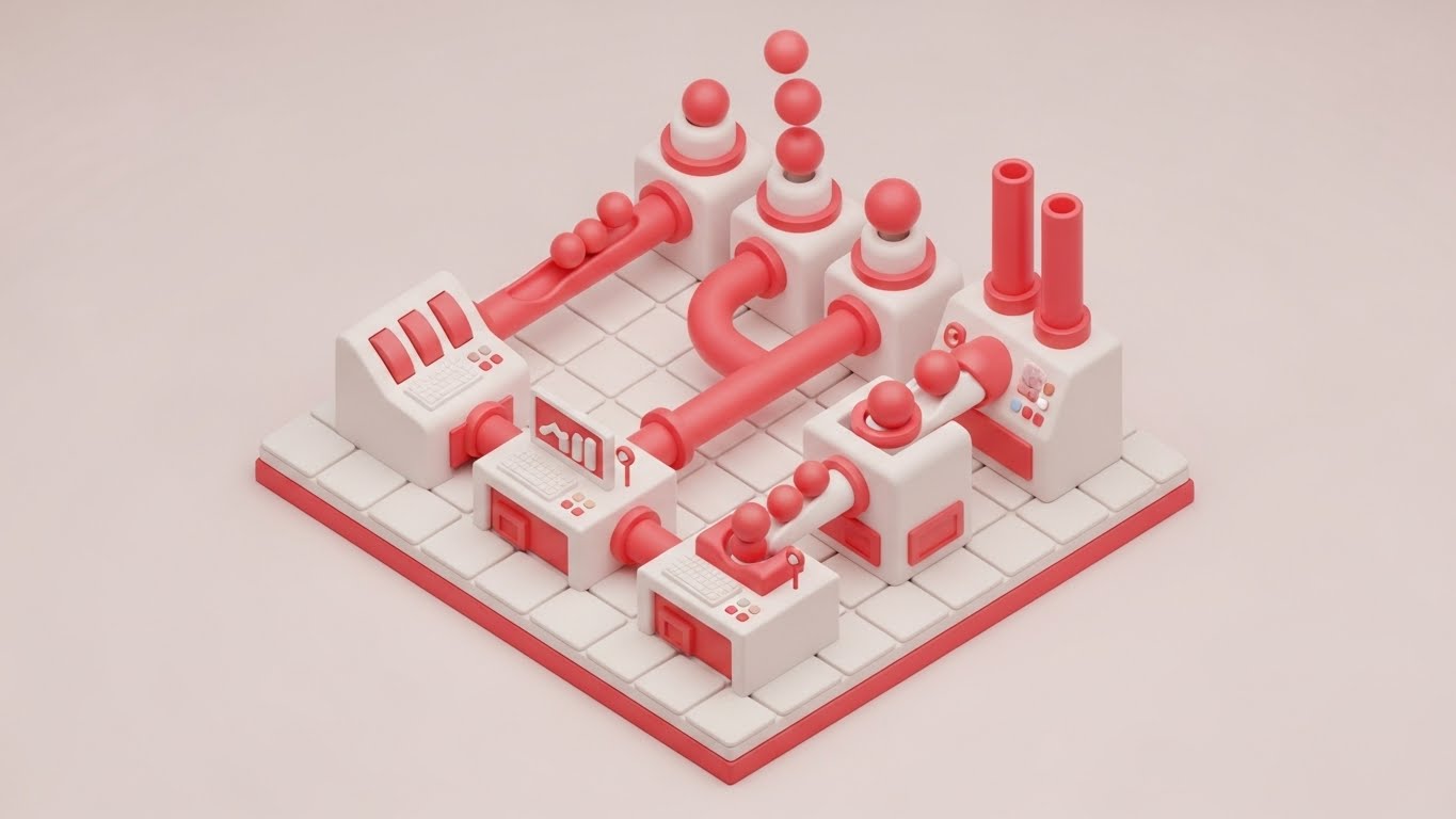 (Isometric 3D Workflow): Automated Factory Streamlining Identity Pipelines
