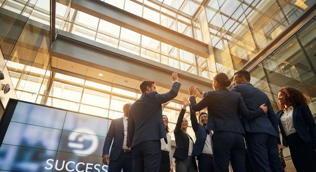 (Aspirational Stock Montage): Unified Team Celebrating Secure Collaboration