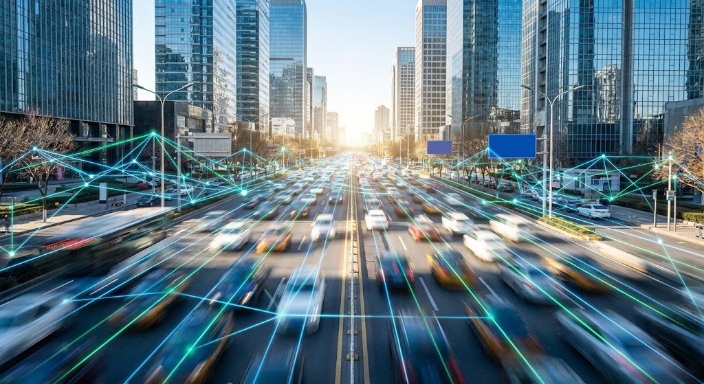 (Hyper-lapse Stock Footage): Connected Traffic Visualizing Enterprise Scale