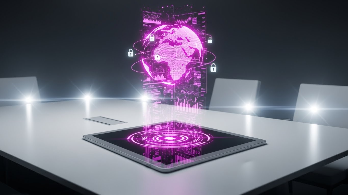 (Holographic UI over 3D Render): Global Hologram Securing Remote Workforce