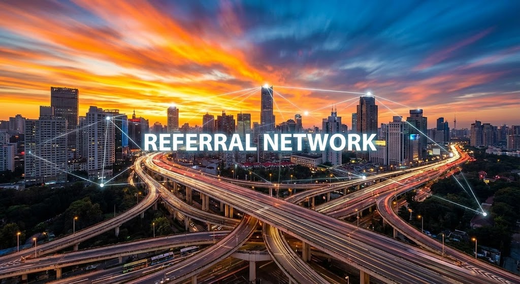 (Hyper-lapse Stock Footage): Connected Cityscape Illustrates Referral Networks