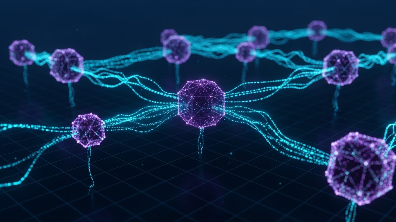 (Abstract 3D AI Visualization): Neural Network + Intelligent Routing