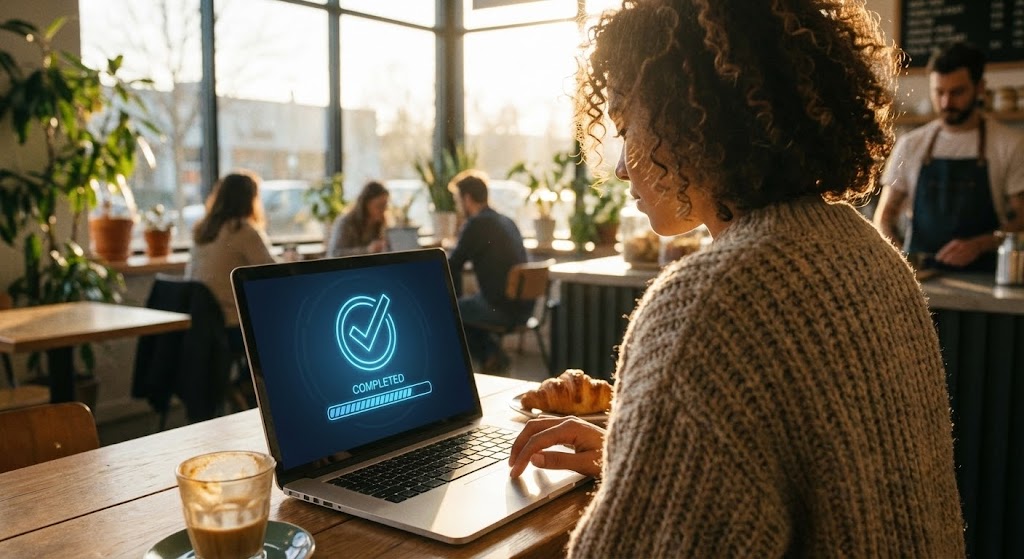 (Lifestyle Stock with UI Overlay): Remote Reality + Seamless Verification