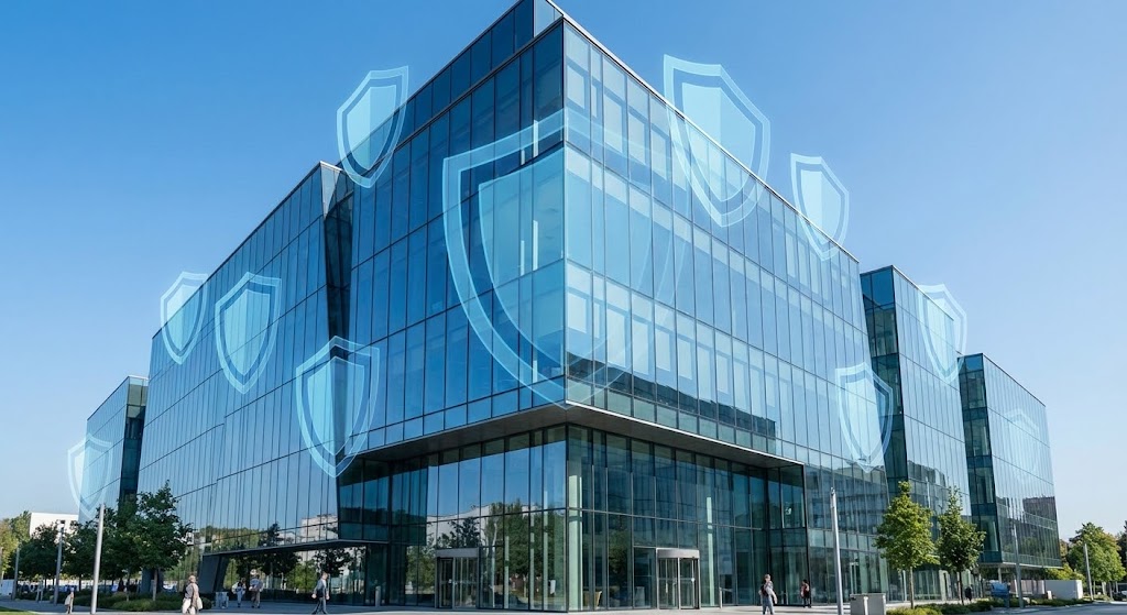 (2D Graphics Over Live Action): Corporate Shield + Enterprise Scale