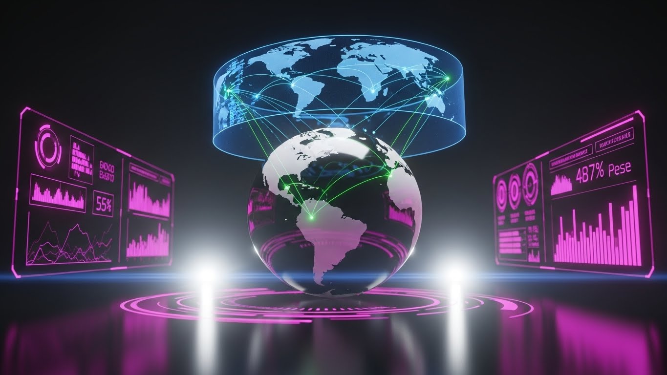 (Holographic UI over 3D Render): Global Oversight + Enterprise Expansion