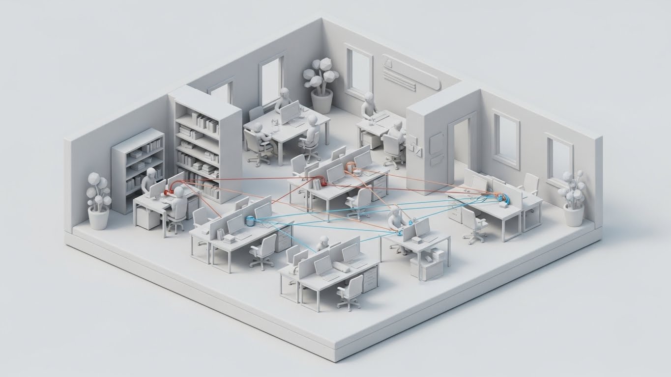 (Isometric Workflow): Clay Render clarifying Office Connectivity