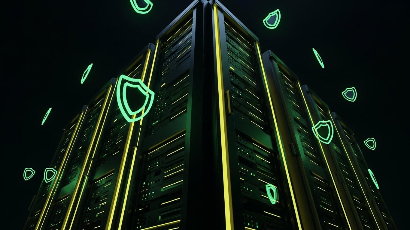 (Neon Dark Mode): Glowing Shields visualizing Zero Trust Security