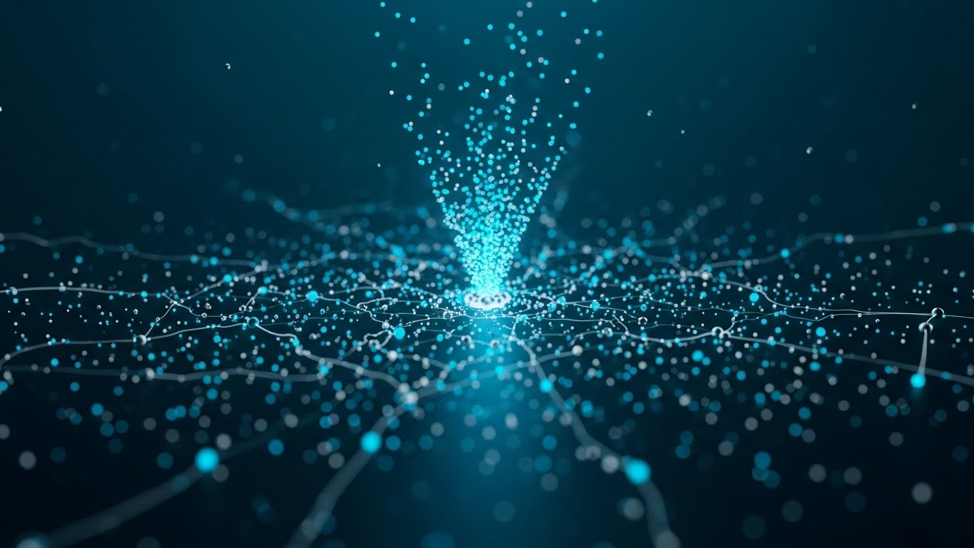 (Abstract 3D AI): Glowing Particle Convergence — Structuring Raw Intelligence