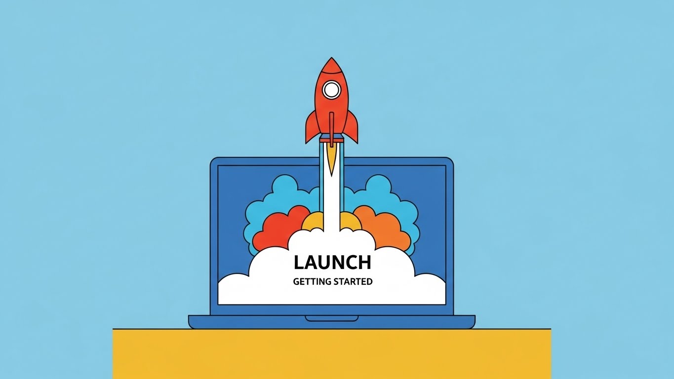 (Minimalist Flat 2D): The Digital Launch — Visualizing Getting Started
