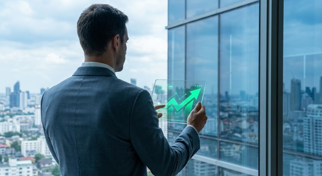 (Lifestyle with UI Overlay): Executive Oversight - Strategic Data Visibility