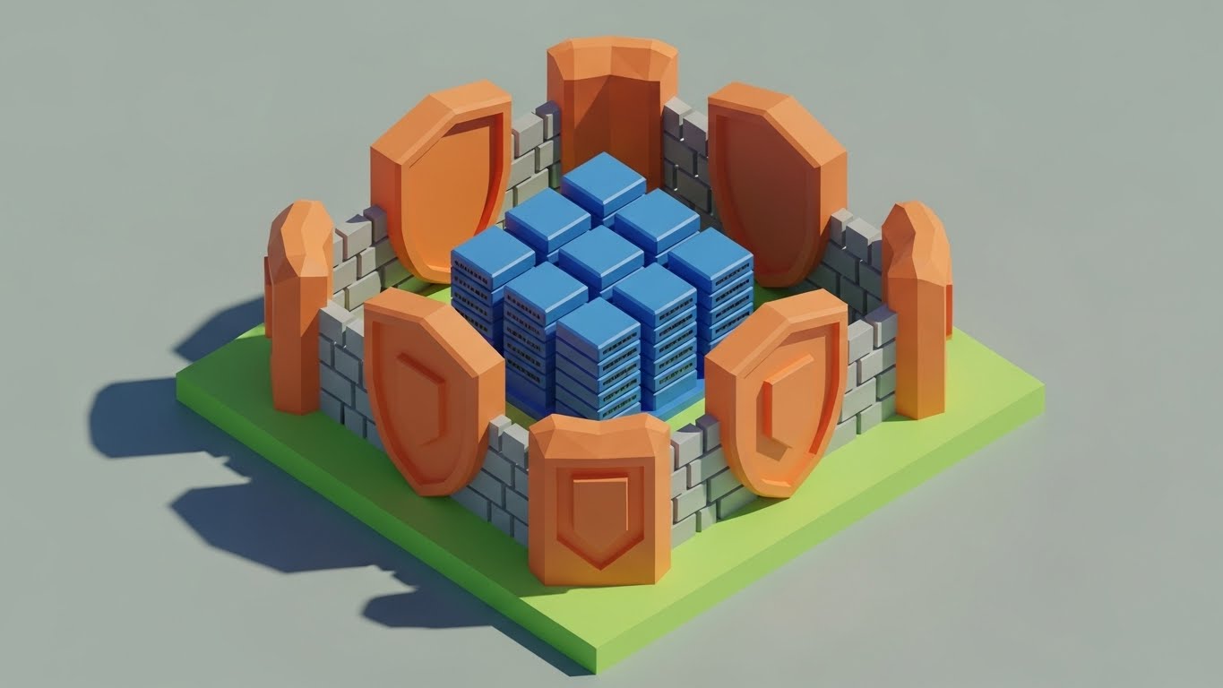 (Low-Poly 3D): The Digital Bastion - Securing the Perimeter