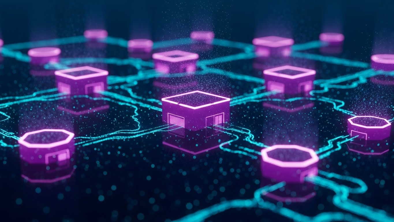 (Abstract 3D AI): Glowing Data Nodes – Connected Logistics Ecosystem