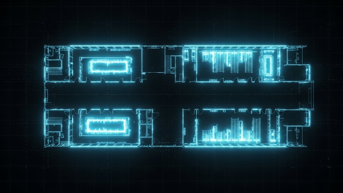 (Futuristic Neon): Cyan Blueprint Pulse – X-Ray Operational Visibility