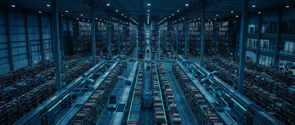 (Cinematic Video): Drone Warehouse Sweep – Industry Dominance & Scale