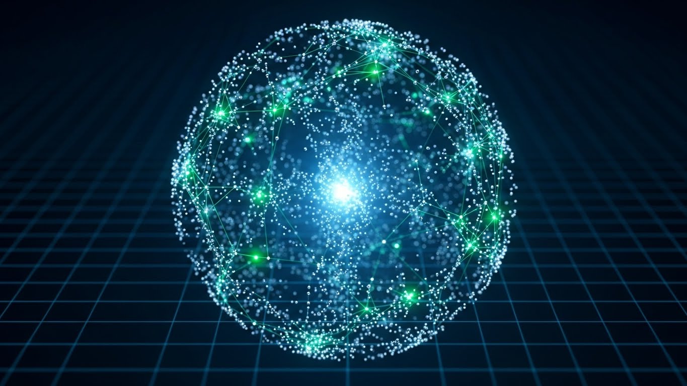 (Abstract 3D AI Visualization): Glowing Sphere + AI Powered Predictive Intelligence