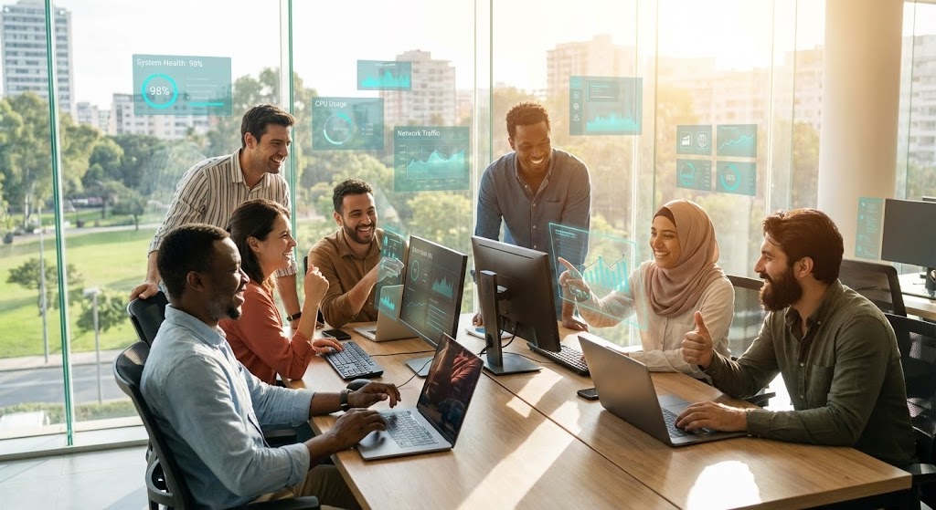 (Lifestyle Stock with UI Overlay): Augmented Collaboration - Humanizing Tech Impact