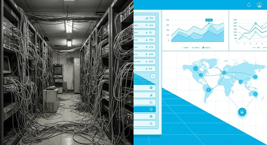 (Split Screen: Reality/UI): Legacy vs. Cloud - Contrasting Infrastructure Chaos