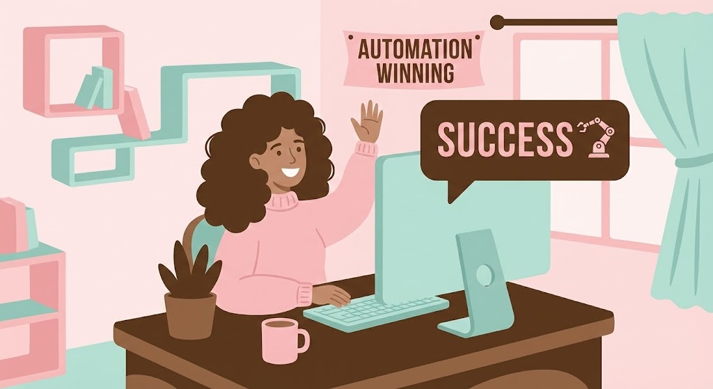 (2D Character): Emotional Payoff Celebrating Automation Success