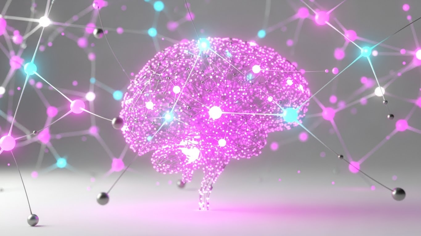 (Abstract 3D AI Visualization): Neural Network Nodes + Tangible Market Intelligence