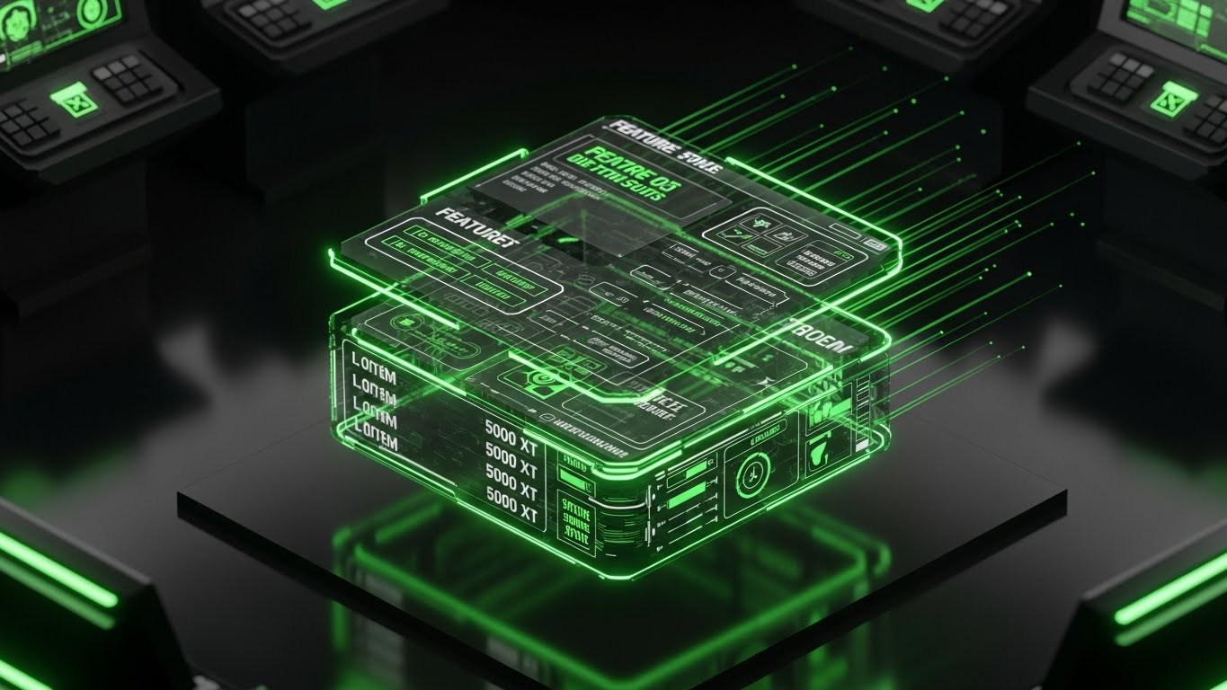 (Futuristic Neon/Dark Mode): Stacked Isometric Interface + Deep Feature Granularity