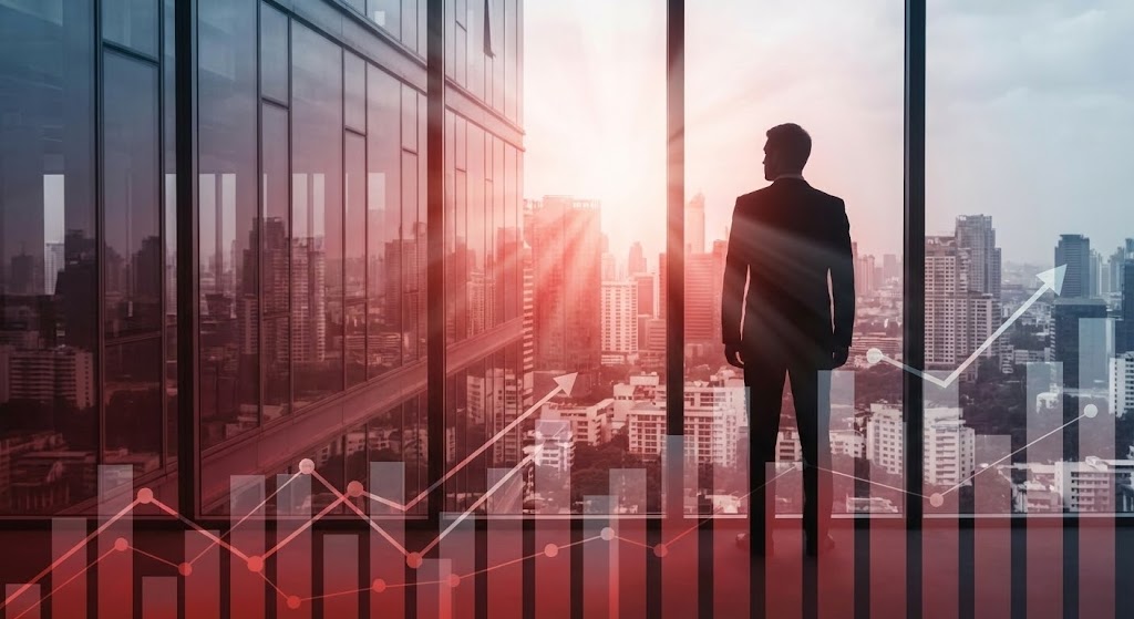 (Aspirational Stock Montage): Visionary Leader + Strategic Market Dominance