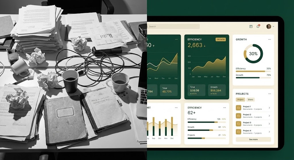 (Split Screen): High-Contrast Split + Operational Clarity vs. Chaos
