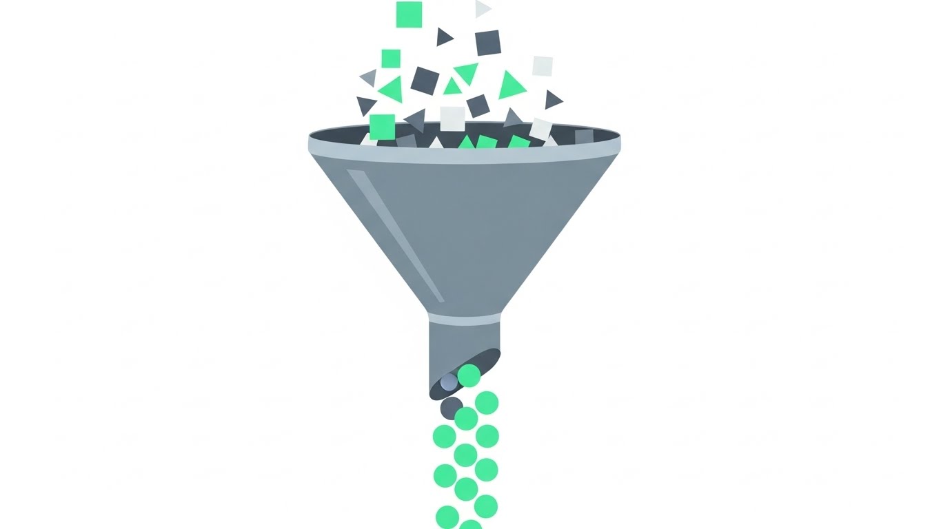 (Minimalist Flat 2D Vector): Funnel Structure – Streamlining Data Flow