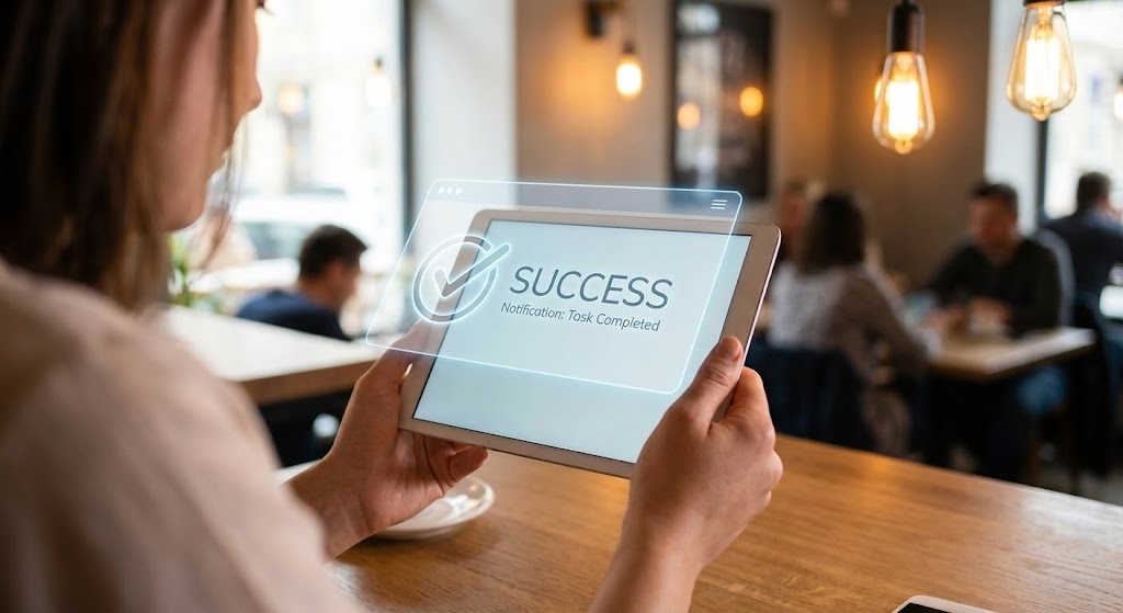 (Lifestyle Stock with UI Overlay): Human Element – Validating User Success