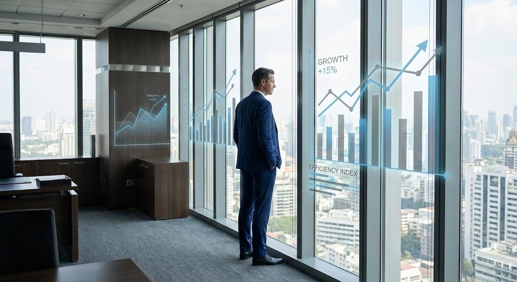 (Lifestyle Stock with UI Overlay): Executive Vision + Strategic Insight