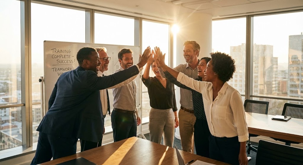 (Aspirational Stock Montage): Human Success + Team Synergy