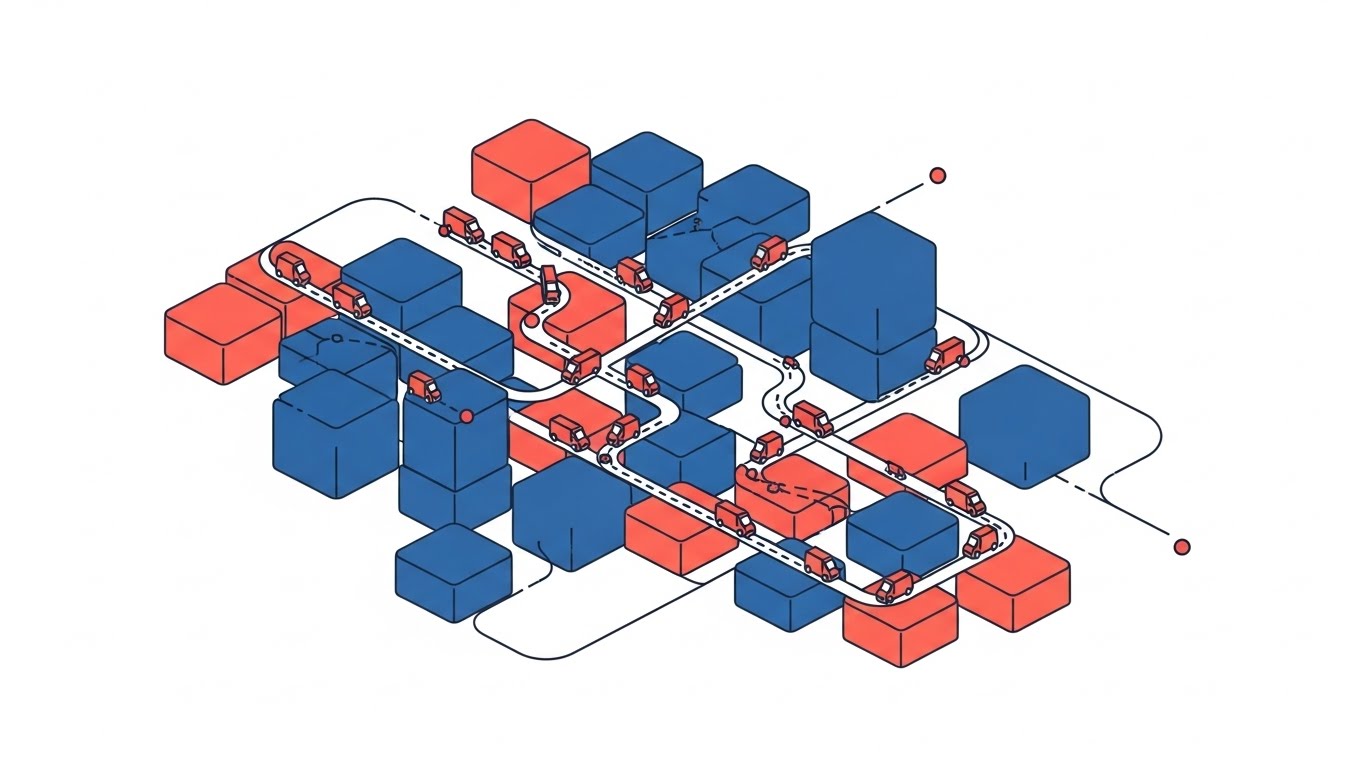 (Minimalist Flat 2D Vector): Geometric Zone Logic - Visualizing Optimized Route Density