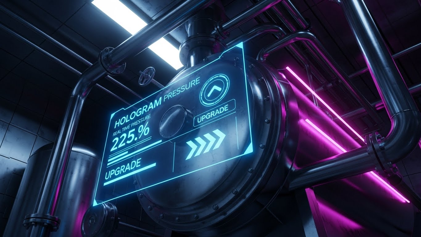 (Holographic UI over 3D Render): The Augmented Asset - Visualizing Future Potential