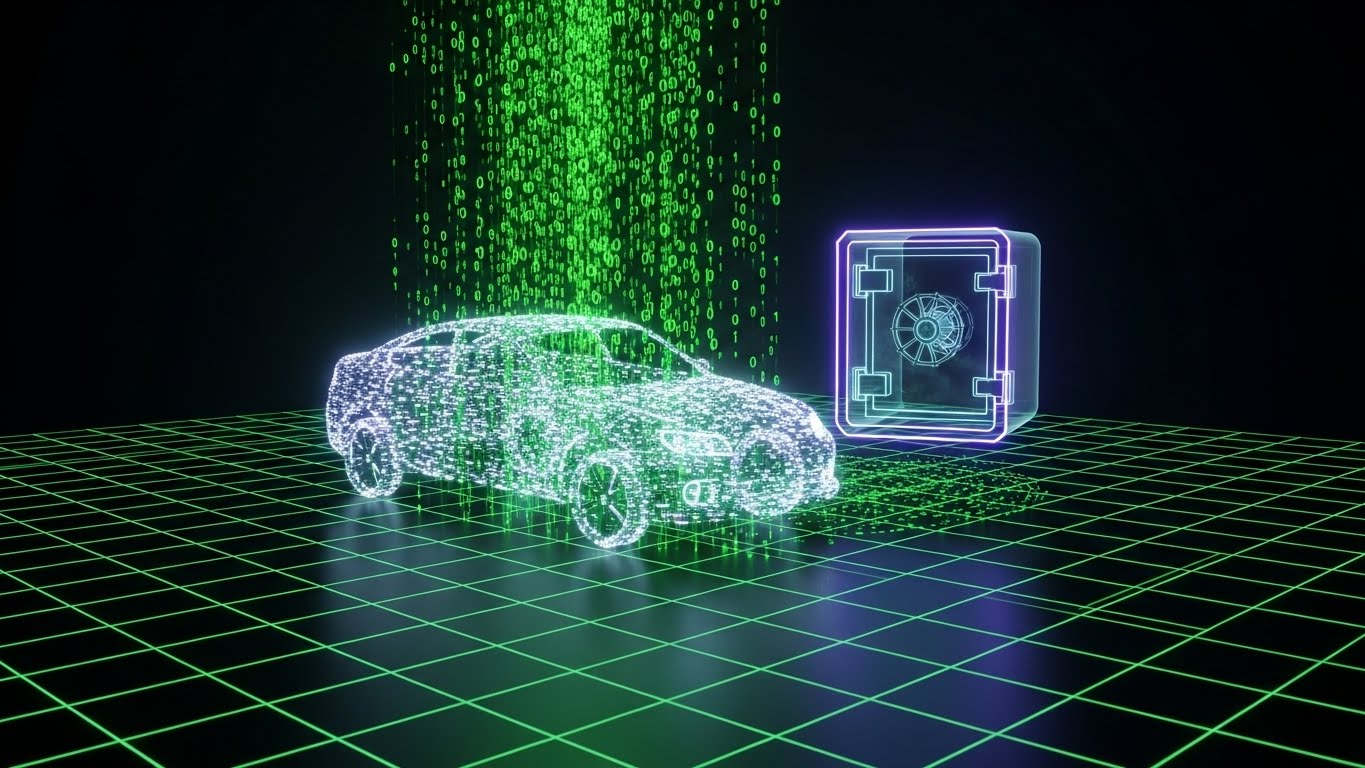 (Futuristic Neon): Glowing Wireframe + Secure Data Ecosystem