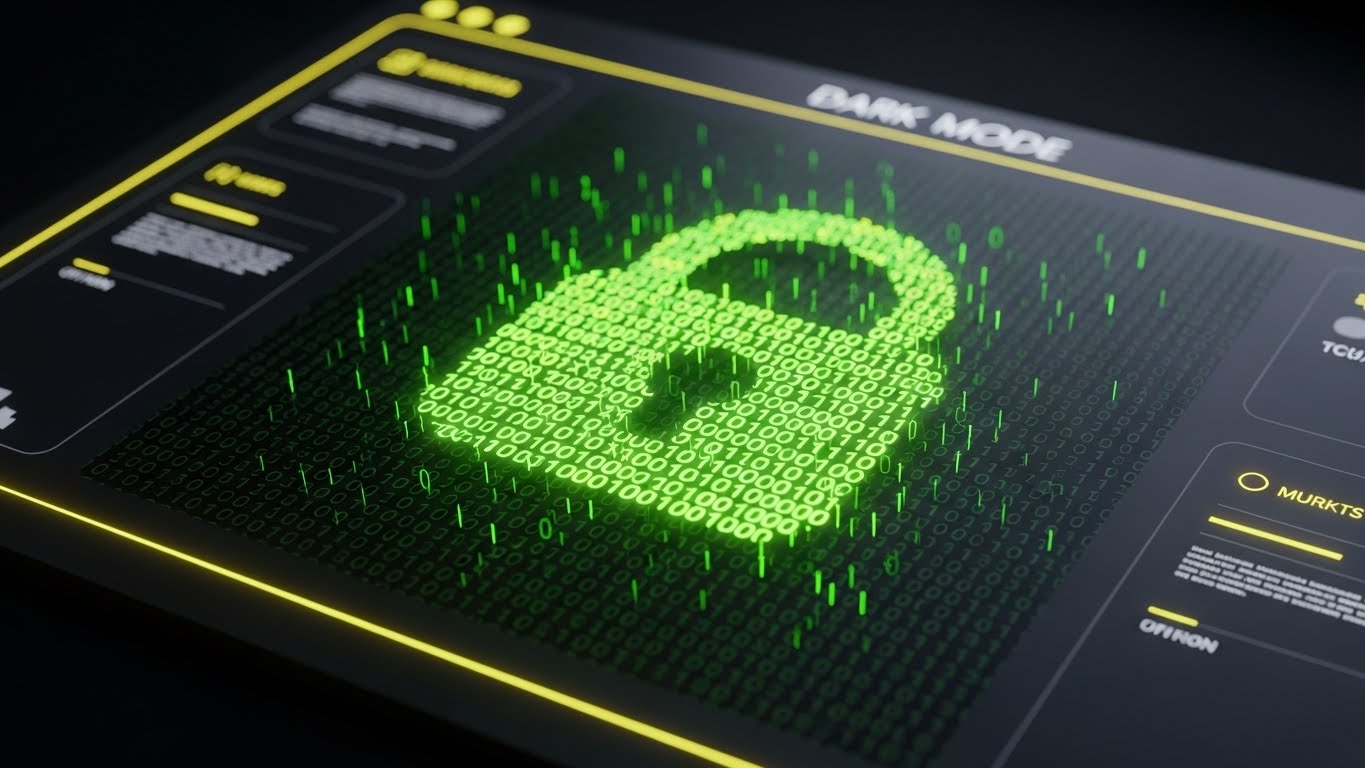 (Dark Mode UI): Glowing Padlock Data + Selling Premium Security