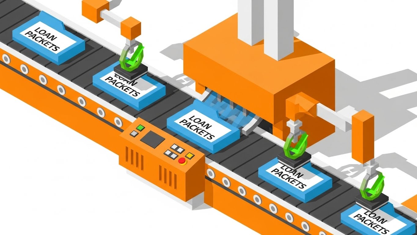 (Isometric 2D): Orange Assembly Line + Process Standardization Flow